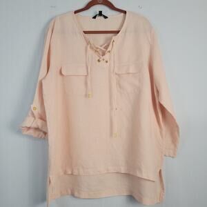 Company Ellen Tracy linen roll tab sleeve tunic top size XXL pink boho coastal